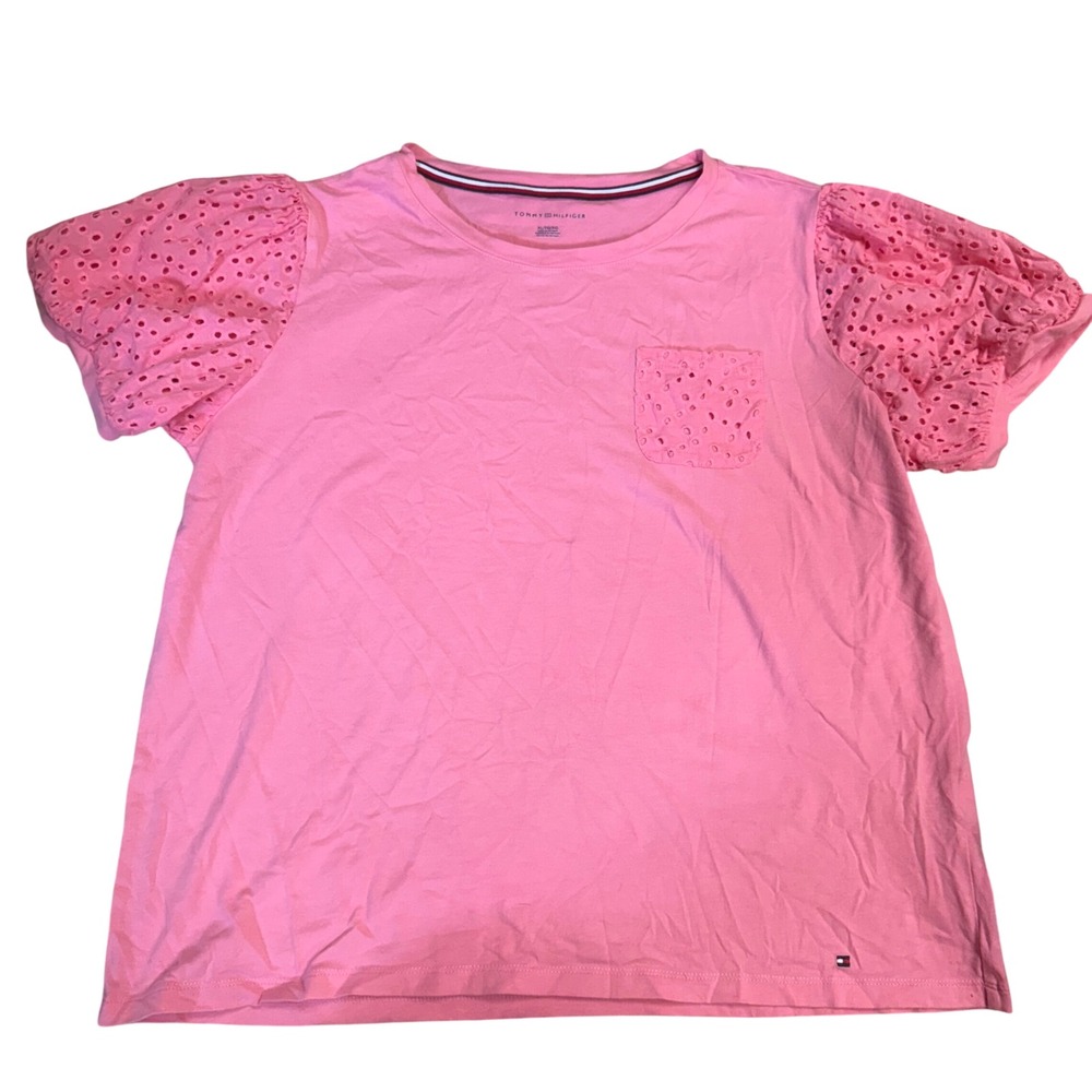 Tommy Hilfiger Eyelet Puff Sleeve Top Pocket Tee Shirt Pink XL